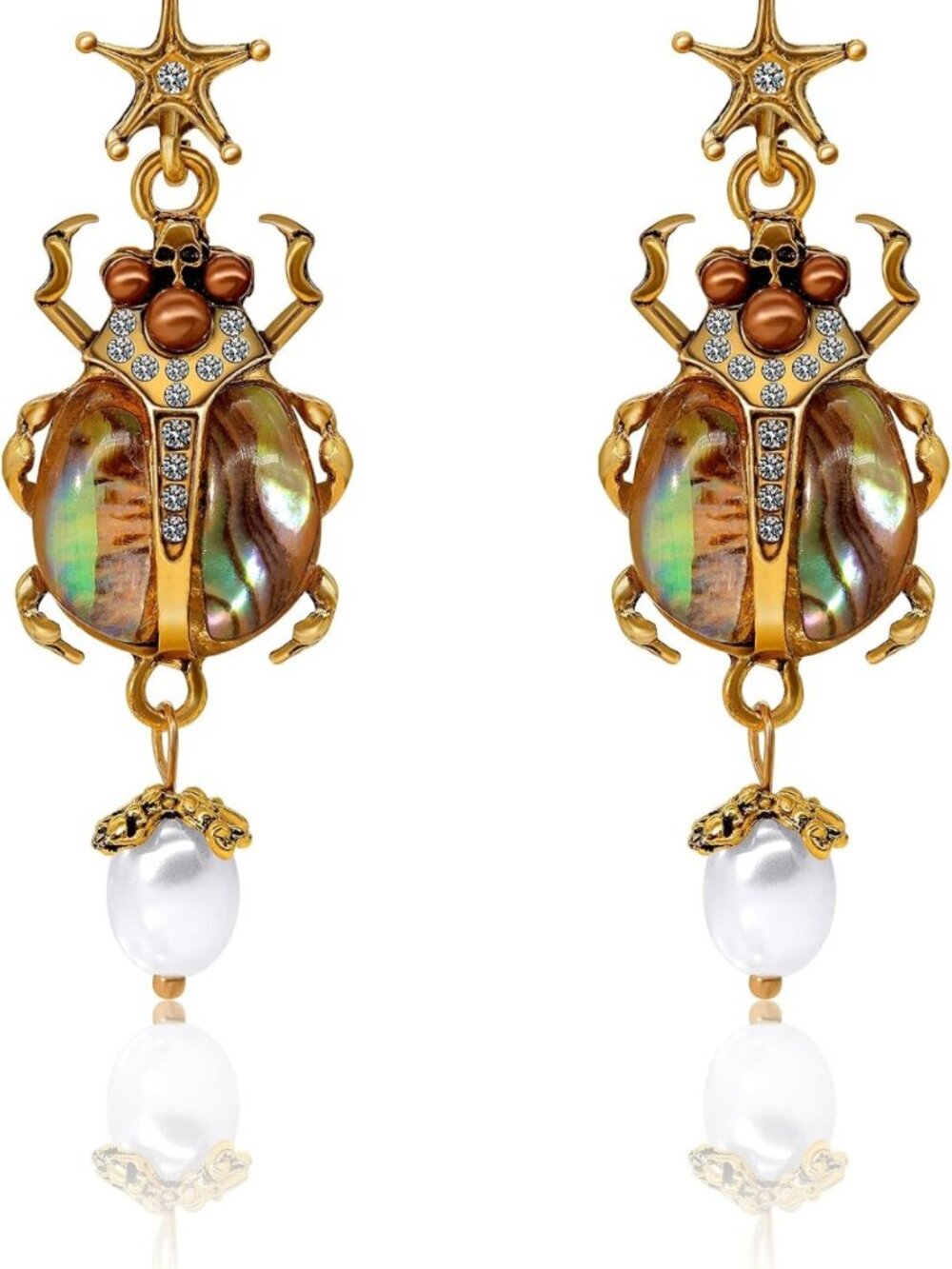 Vintage Beetle Scarab Dangle Earrings with Imitation Pearls | Victorian-Inspired